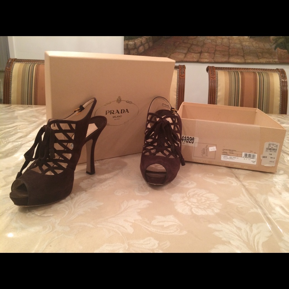Prada Brown Suede Lace-Up Style Heeled Sandal